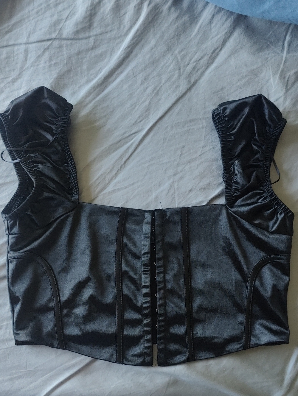 Wet Seal Black Satin Corset Crop Top with Ruched Straps